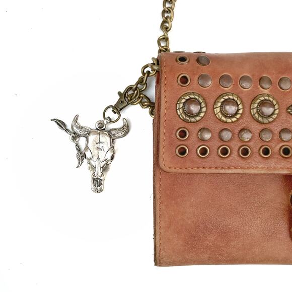 Reworked Patricia Nash Studded Italian Leather Bag w/ Brass Chain Strap & Charm - Picture 5 of 16